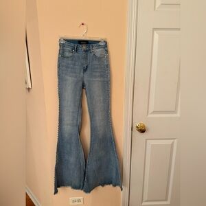AKIRA Blue Flare Wide Leg Jeans with Diamond Embellishment on side